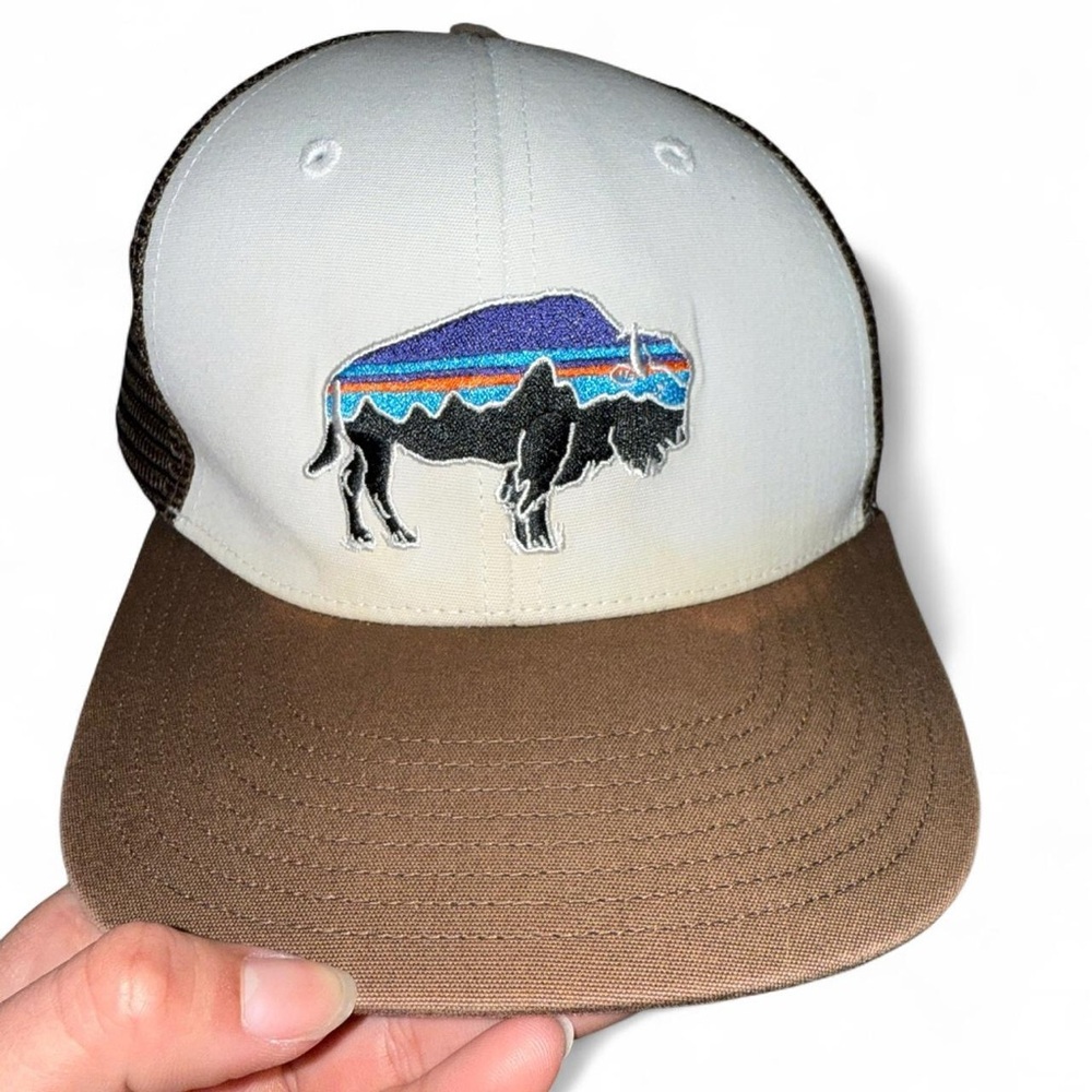Patagonia Jackson hole White & Brown Trucker Hat with Colorful Buffalo Patch